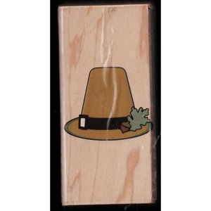 CMC Rectangular Rubber Stamp Brown Green Pilgrim Hat with Leaf & Acorn 3.0"x1.5"